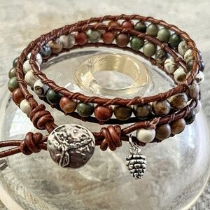 Double Wrap Leather Bracelet w/ Silver Pinecone Charm & Dragonfly clasp.